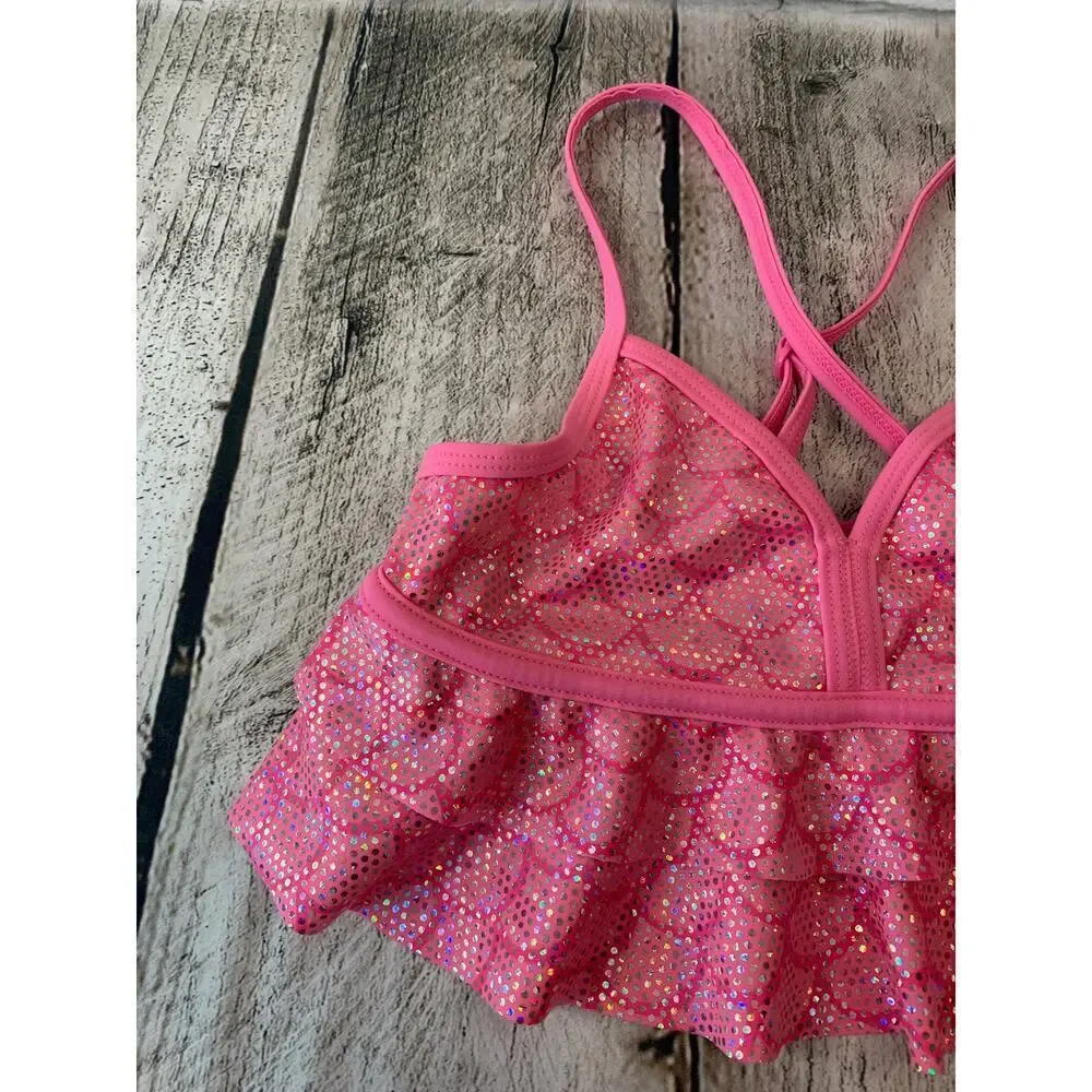 JUSTICE Girl’s Pink Silver Ruffled Tankini Top / Size: 8